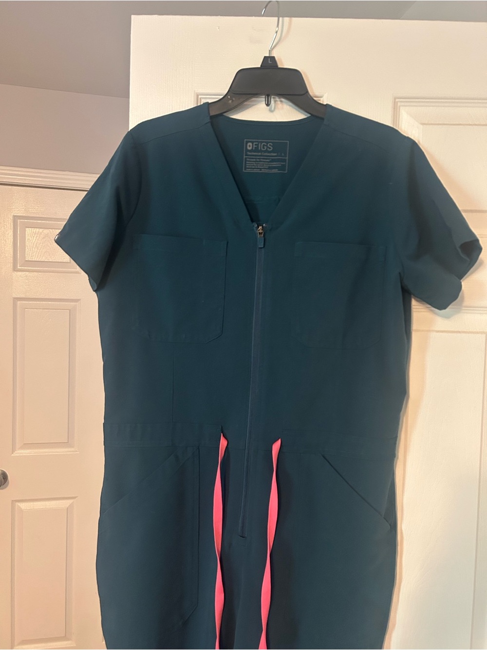 Carribean Blue Scrubs Jumpsuit with Pink Drawstring - Picture 2 of 6